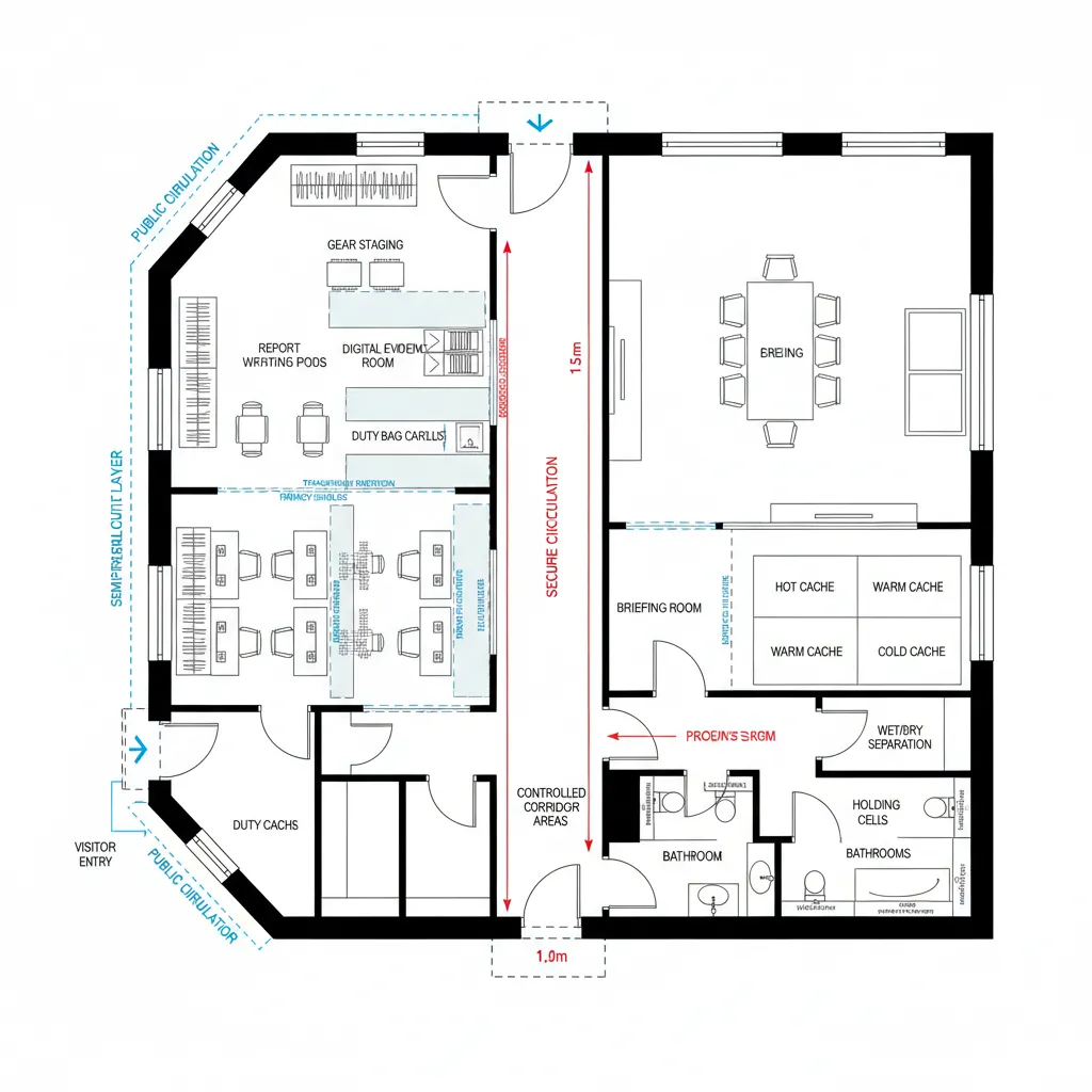 Floor plan drawing with labeled rooms including briefing area and office workspace with long hallway