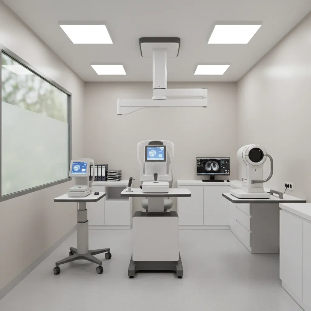 Ophthalmology diagnostic room with OCT scanner and testing equipment