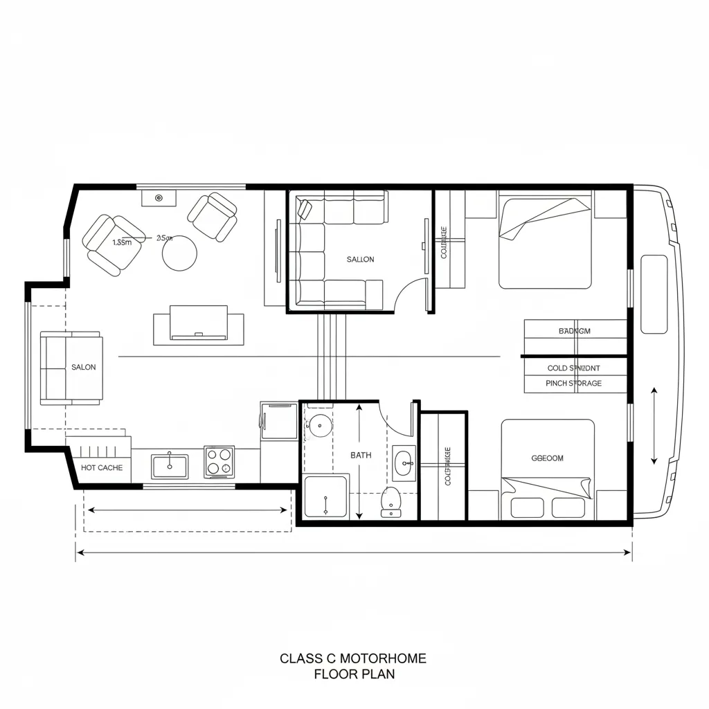Top-down CAD plan highlighting opposing living slides, galley triangle, and mid bath buffer