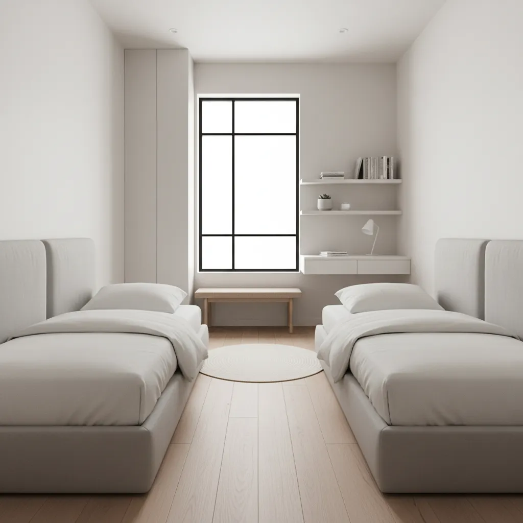 Narrow bedroom with twin beds placed against opposite walls and walkway between