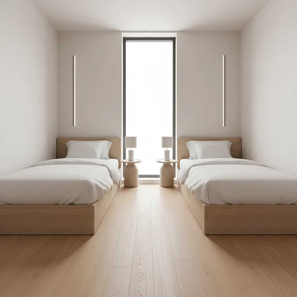 Twin beds placed on opposite walls in a narrow bedroom