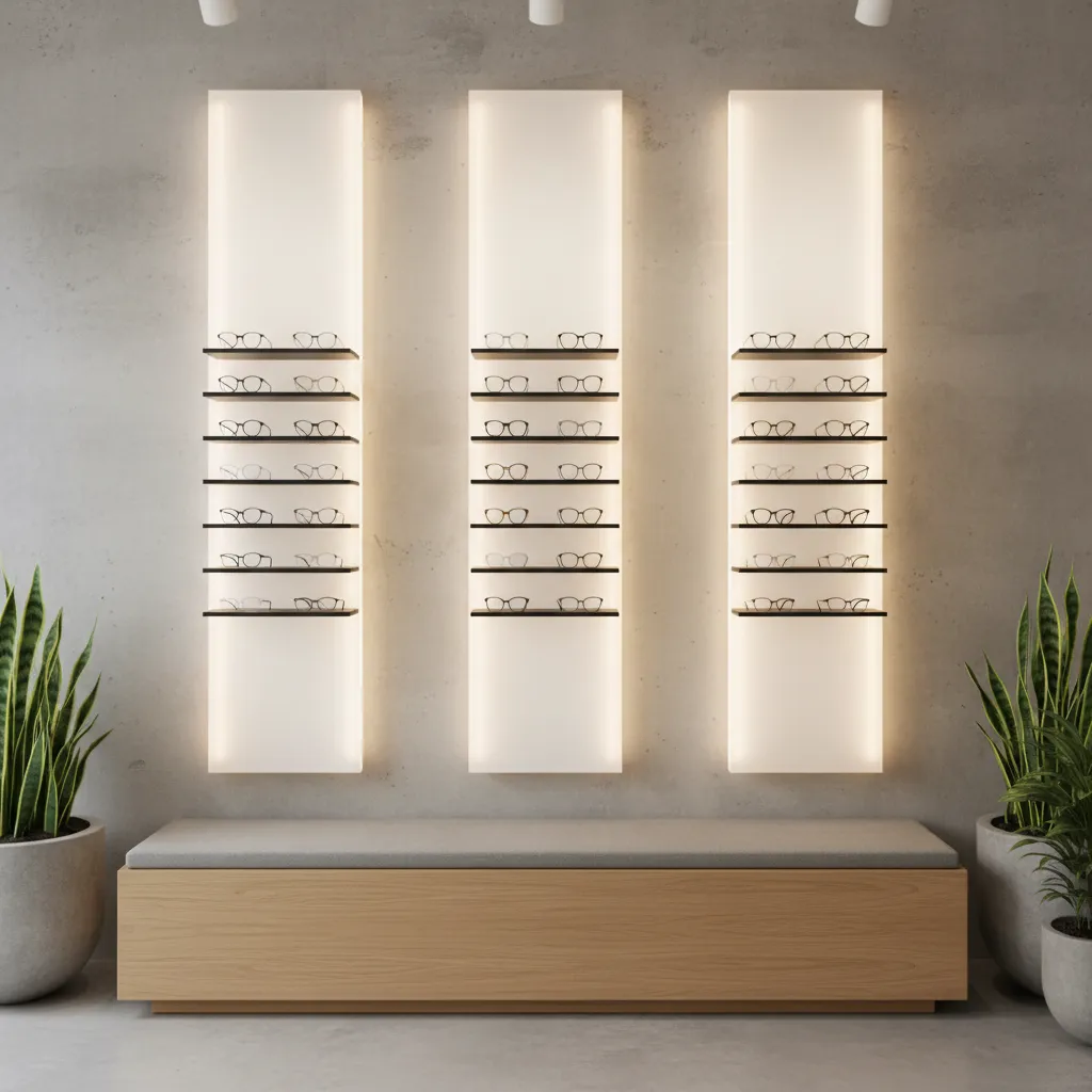 Paneles de pared con gafas expuestas en una óptica pequeña