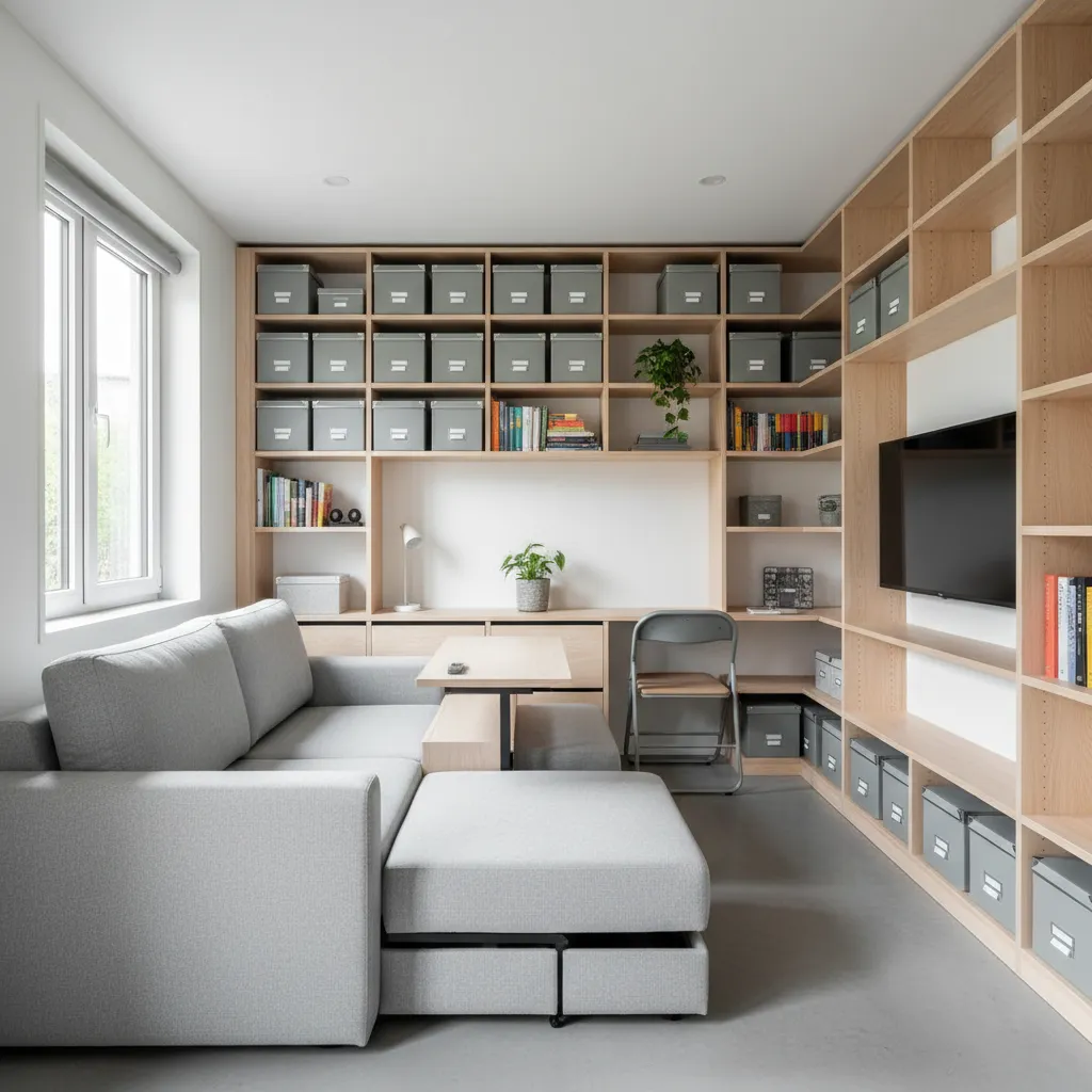 Small room design with grey sofa, large wooden wall shelves, storage boxes, desk, and window