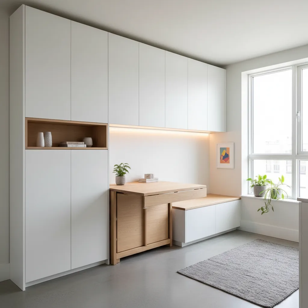 Interior rumah kecil dengan furnitur multifungsi