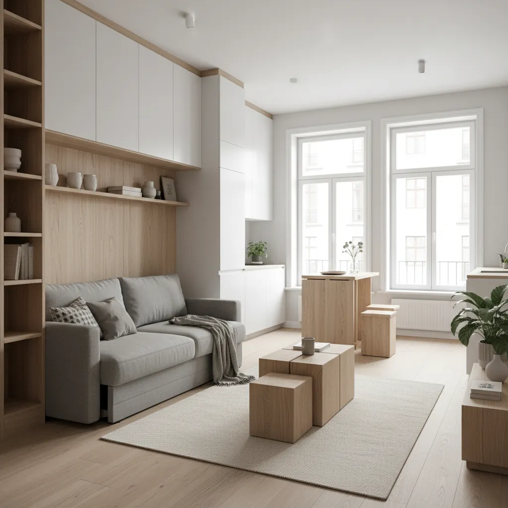 Apartamento pequeño optimizado con almacenamiento integrado y diseño funcional