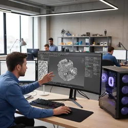 Designer using computer showing interior design drawing of metal parts inside a modern shared office