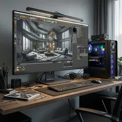 Computer screen showing interior design drawing of living room on desk with glowing gaming pc