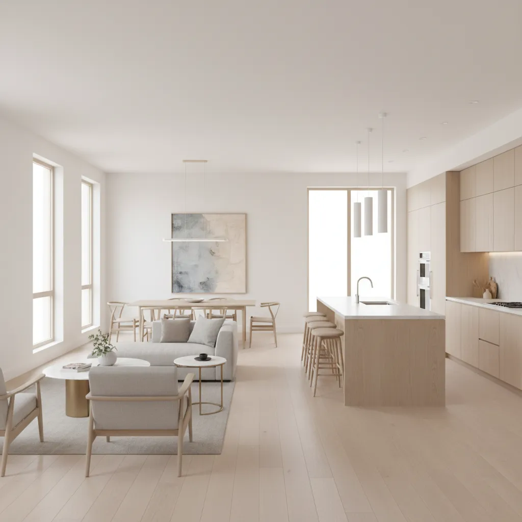 Bright open plan room including kitchen island dining table sofa armchairs and light wood flooring