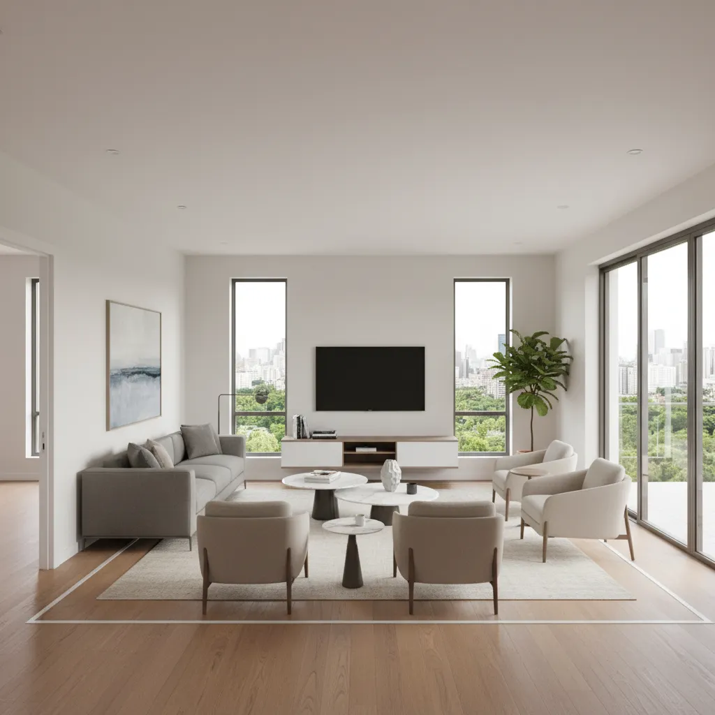 Optimized 17x17 living room layout with balanced furniture and clear walkways