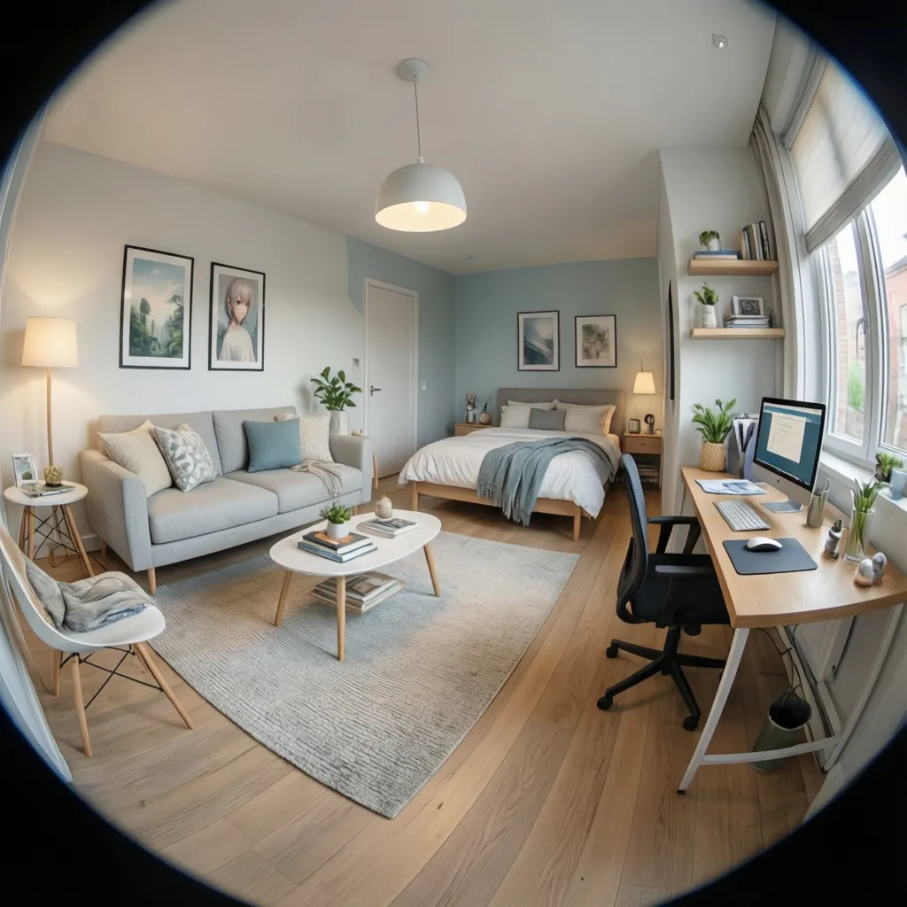 Small studio apartment featuring grey sofa white bed wooden desk computer light blue accent wall
