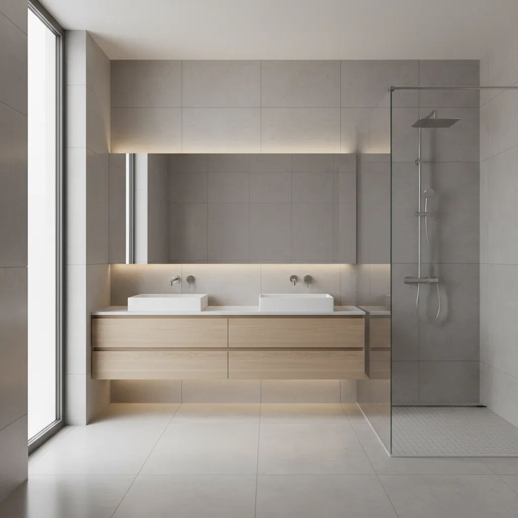 Modern bathroom design with double sink wood cabinet large mirror glass shower and grey wall tiles