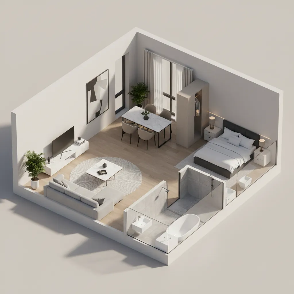 Realistic 3D floor plan with balanced daylight and interior lighting
