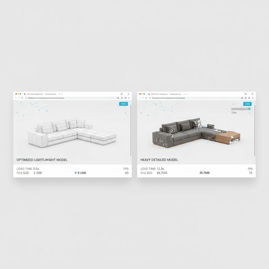 Visualization comparing optimized and heavy 3D model performance on a website