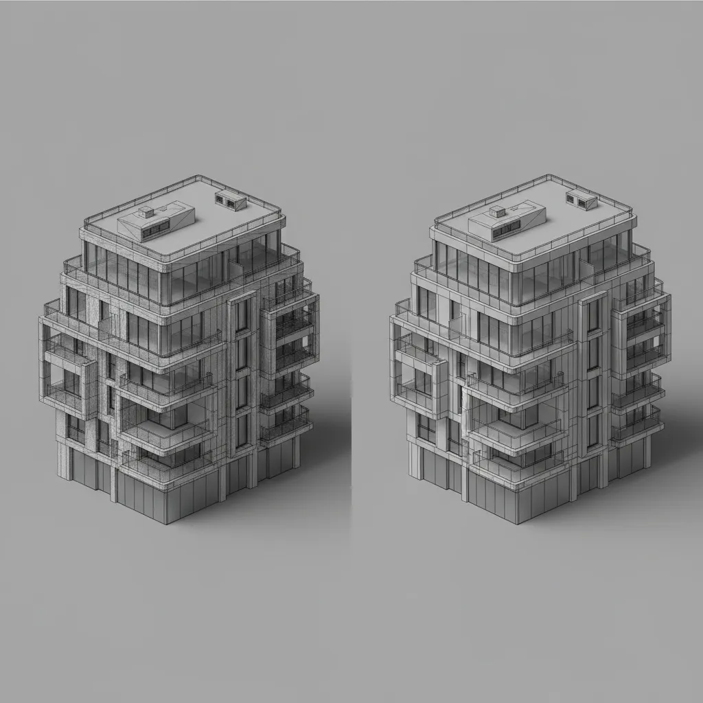 Comparison of high poly and optimized low poly 3D model wireframes