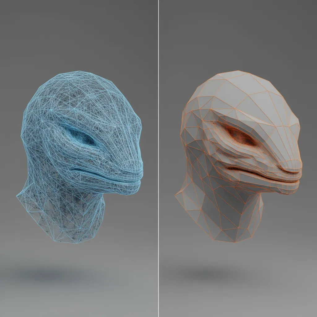 Comparison between high polygon and optimized 3D model wireframes