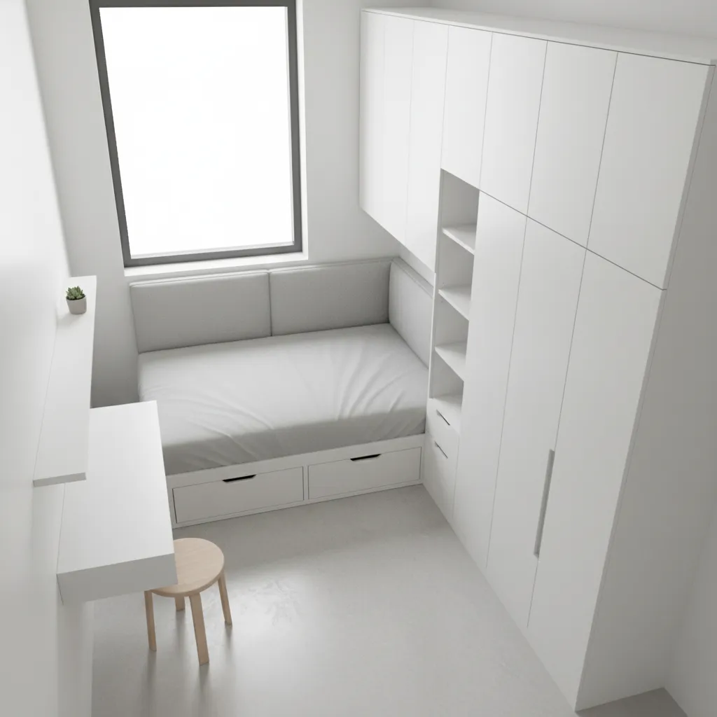 optimized 50 sq ft room layout with clear walkway and modular zones