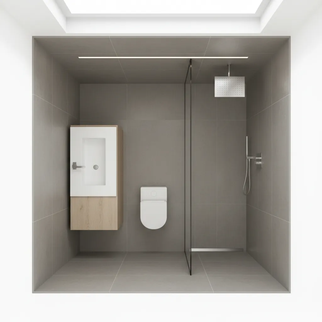 Optimized 6x12 bathroom layout showing vanity toilet and shower alignment