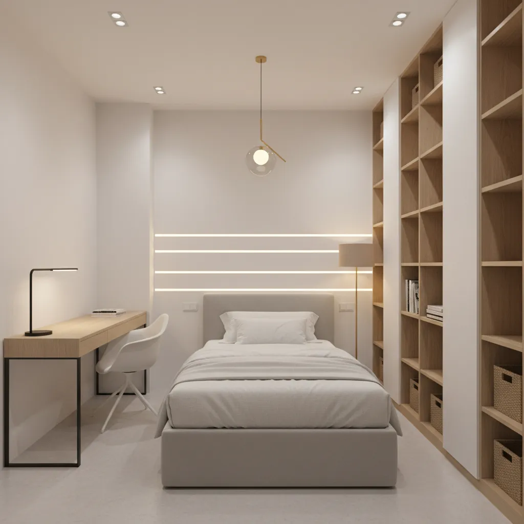 Well organized small 6x9 windowless room with bed desk and vertical storage