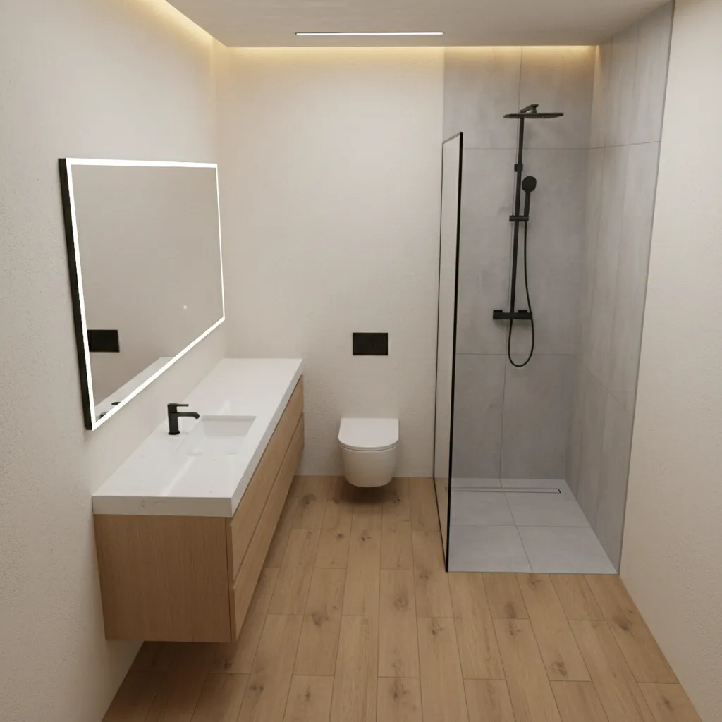 Optimized 9x5 bathroom layout showing aligned vanity toilet and walk in shower