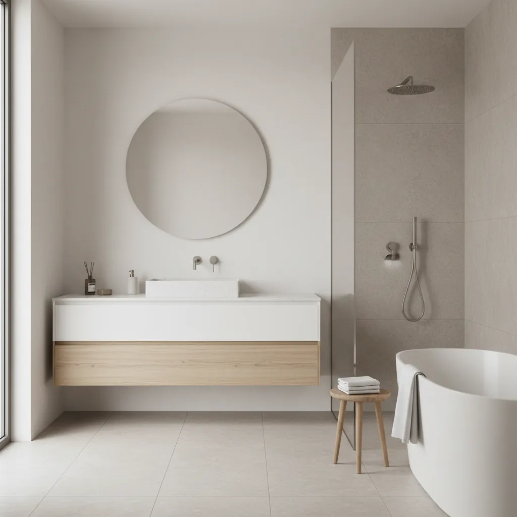 Minimalist bathroom with round mirror white floating cabinet single sink wooden stool and white bathtub