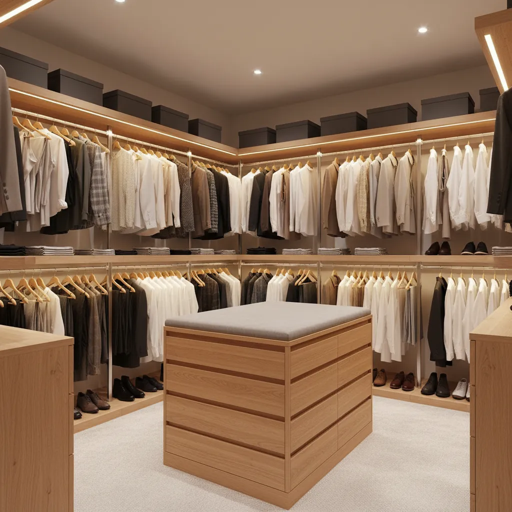 organized bedroom closet with double rods shelves and drawers