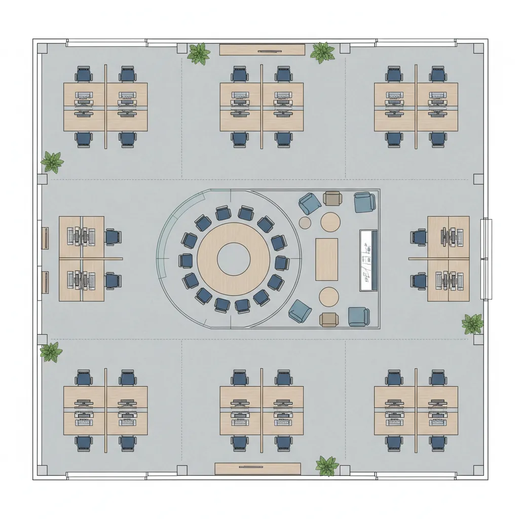 Office floor plan layout showing multiple workstations a central circular table and small lounge area