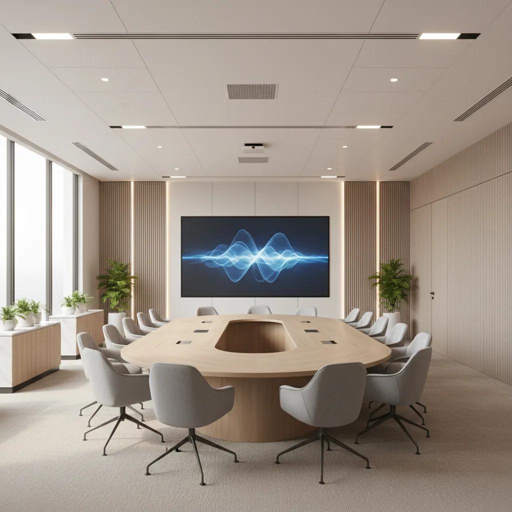 optimized modern conference room layout with collaborative seating and presentation screen