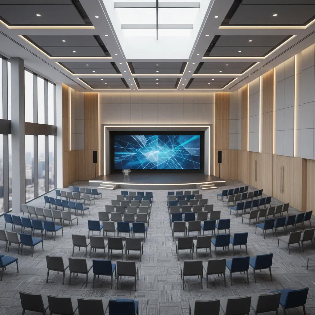 Optimized event room layout with seating zones stage and walking space
