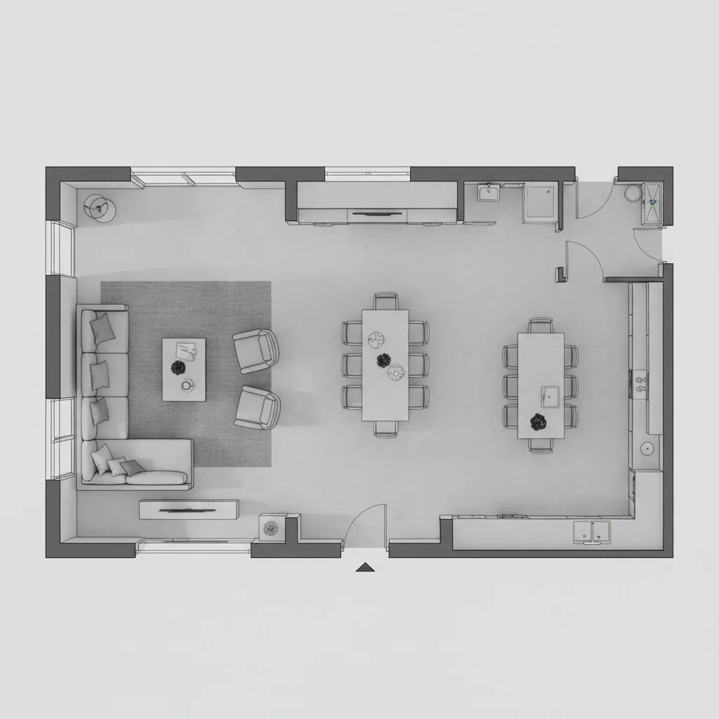 Well optimized home floor plan showing movement paths and functional zones