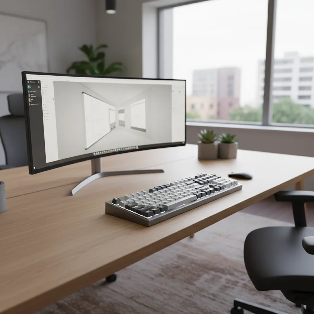Optimized keyboard 3D model placed in a modern workspace rendering scene
