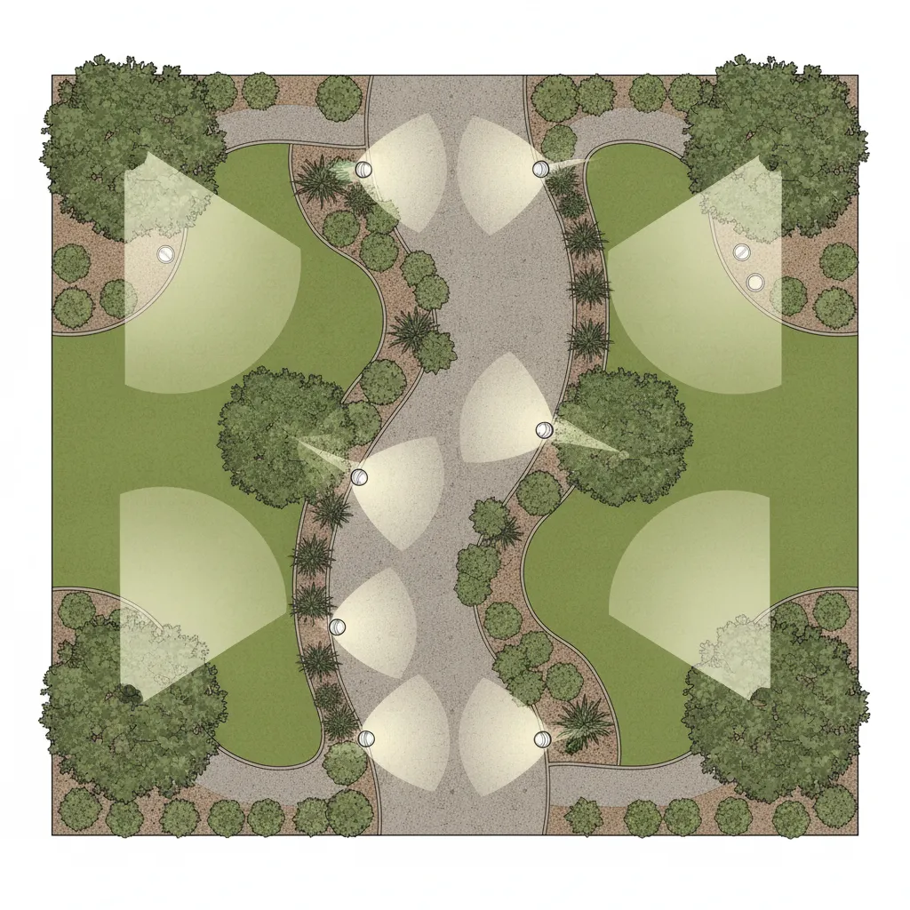 Diagram style landscape showing optimized outdoor lighting placement