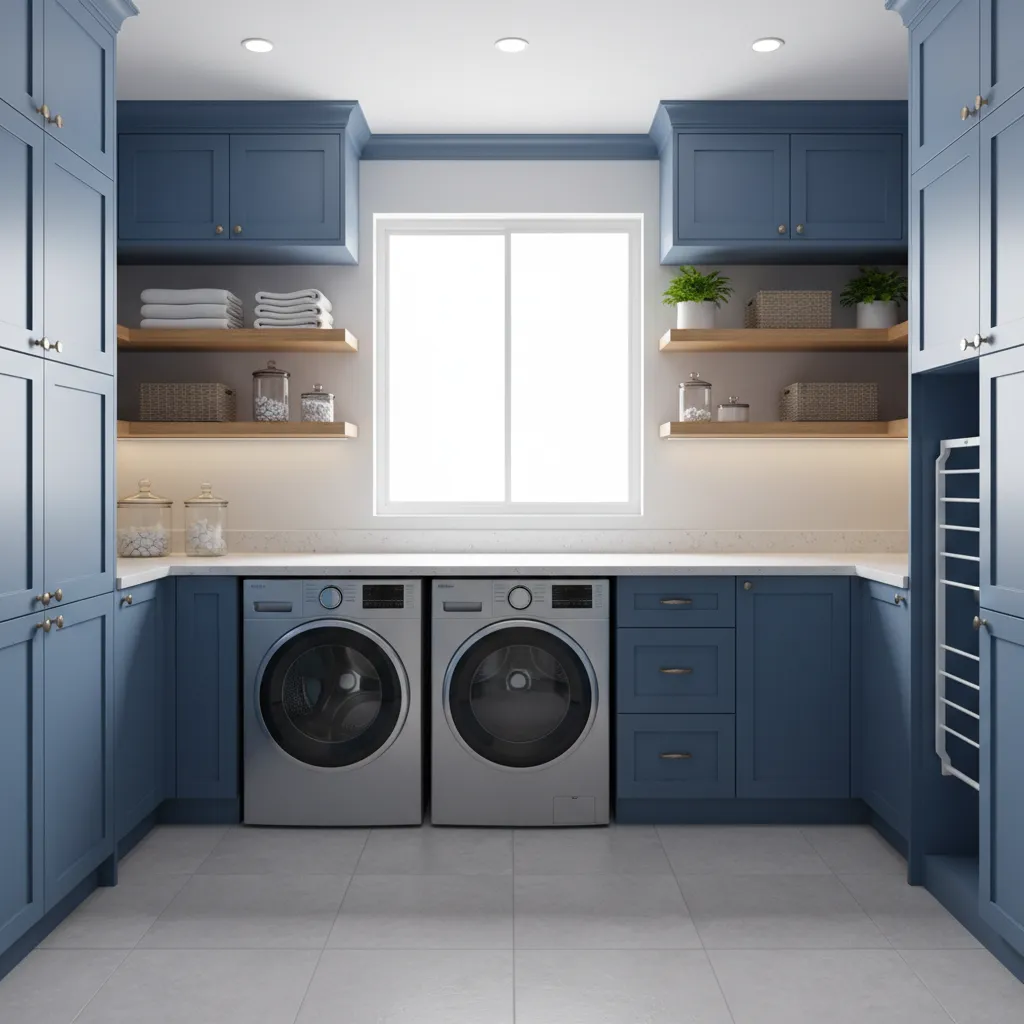 Well organized laundry room with blue cabinets and efficient layout