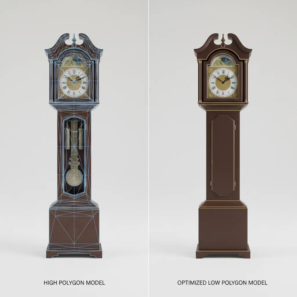 comparison of high polygon and optimized low polygon 3D models