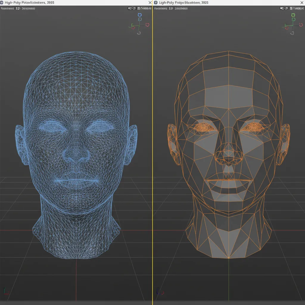 Comparison of high polygon and optimized low polygon 3D model wireframes