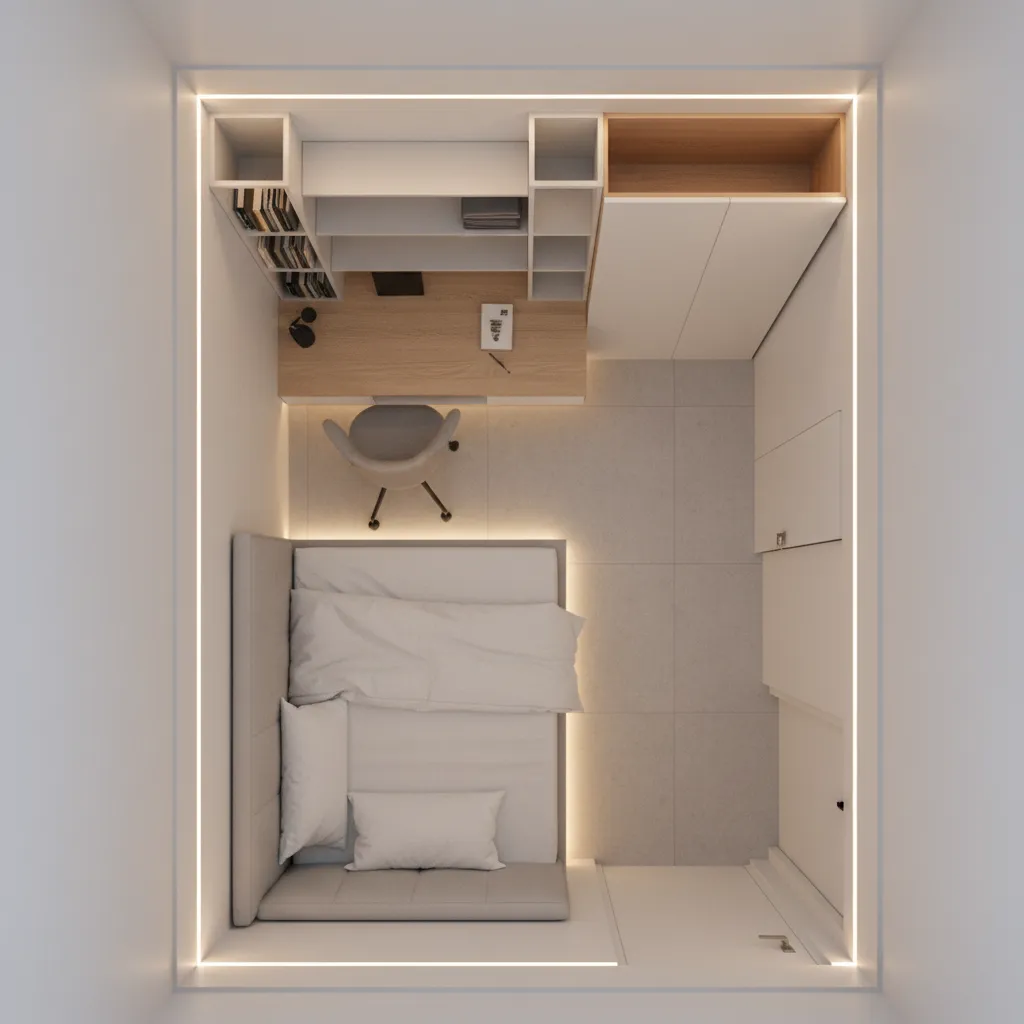 Optimized 6x9 micro bedroom layout with clear walking path