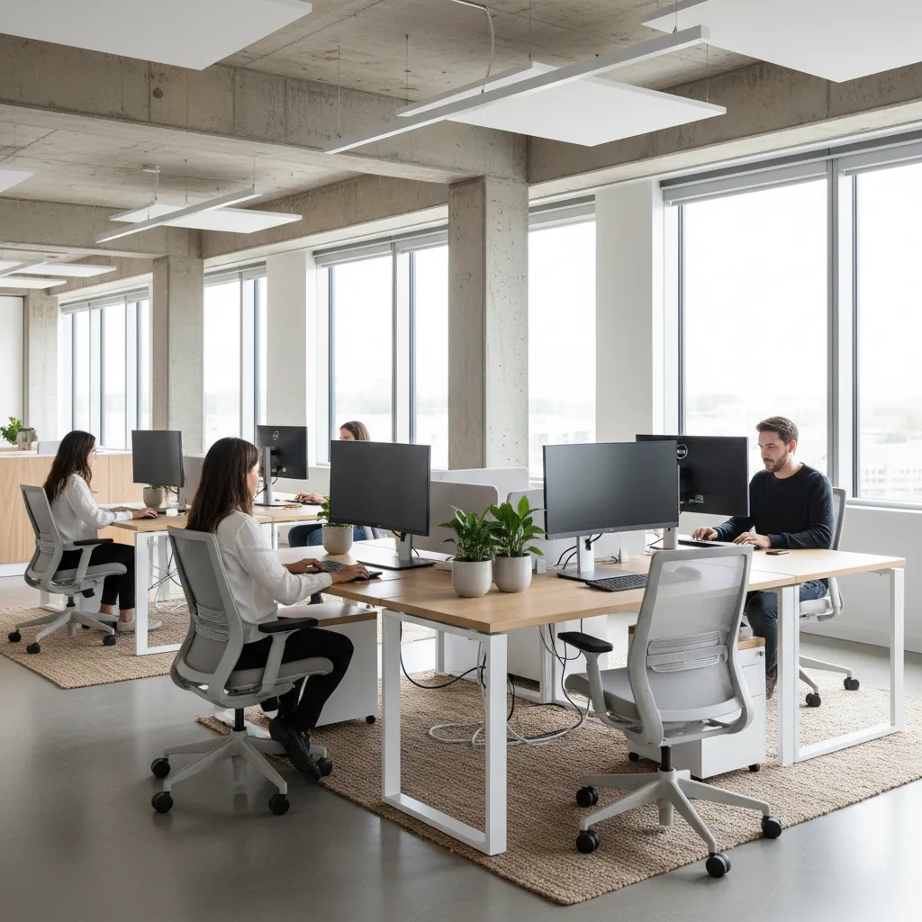 Modern open office layout with white desks grey chairs computers green plants and bright windows