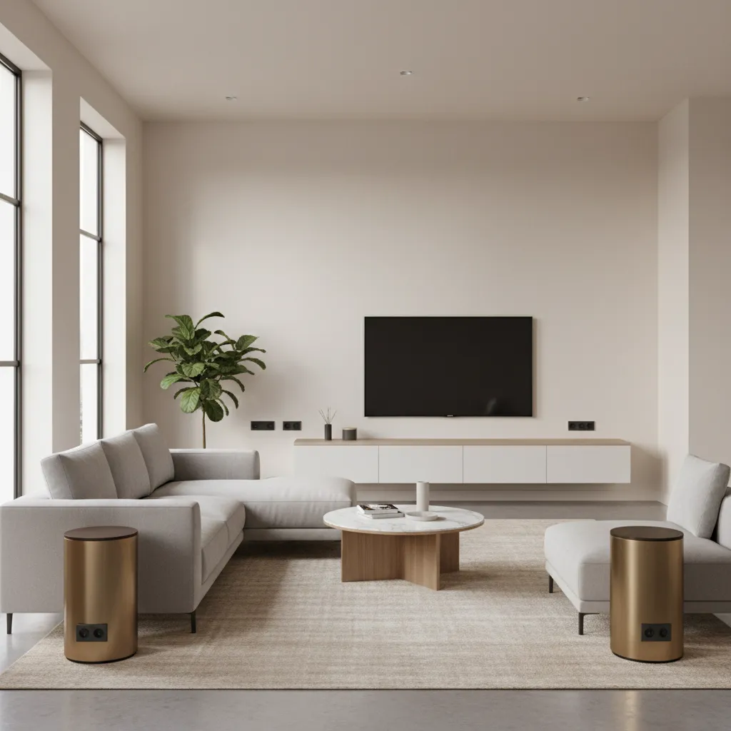 living room wall with optimized outlet placement behind sofa and side tables