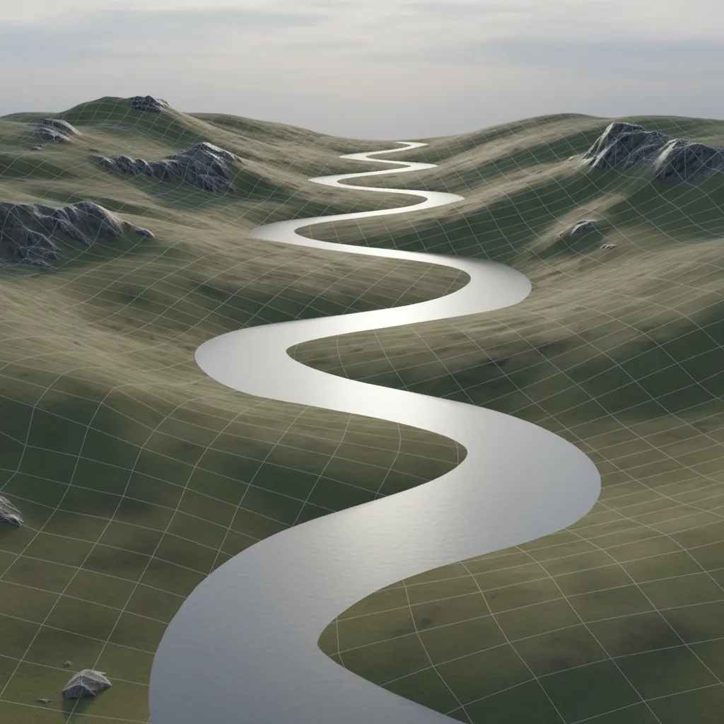 Simplified river surface mesh following natural river curves