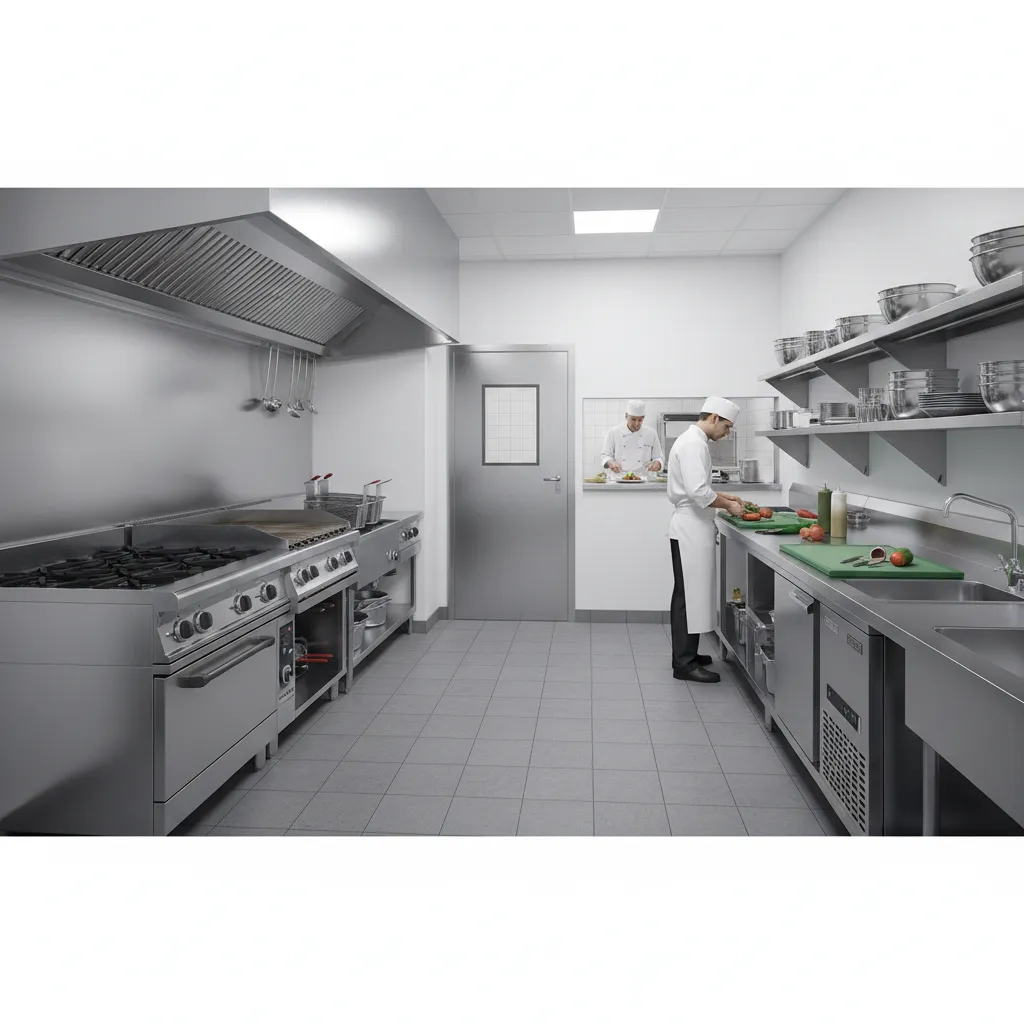 Corner service door placement improving small restaurant kitchen workflow