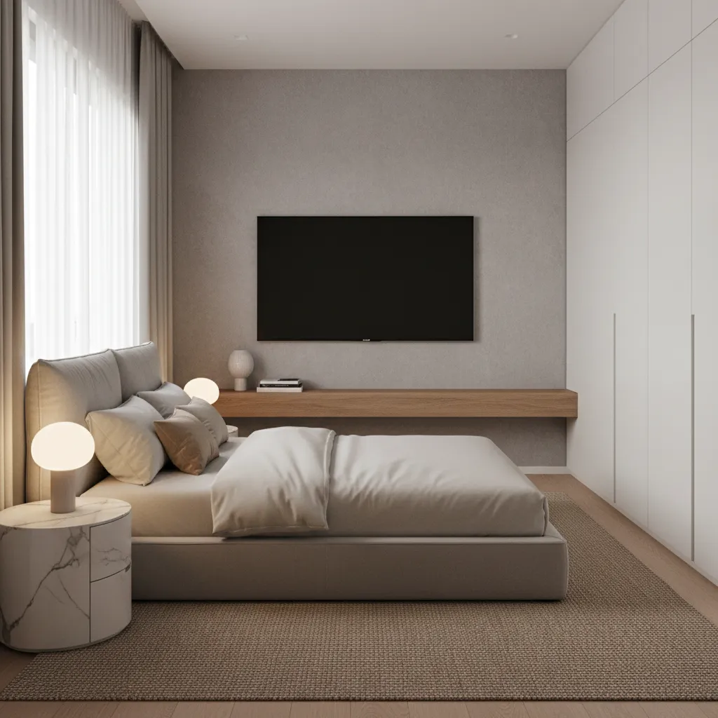 Optimized small bedroom layout with wall mounted TV and uncluttered furniture