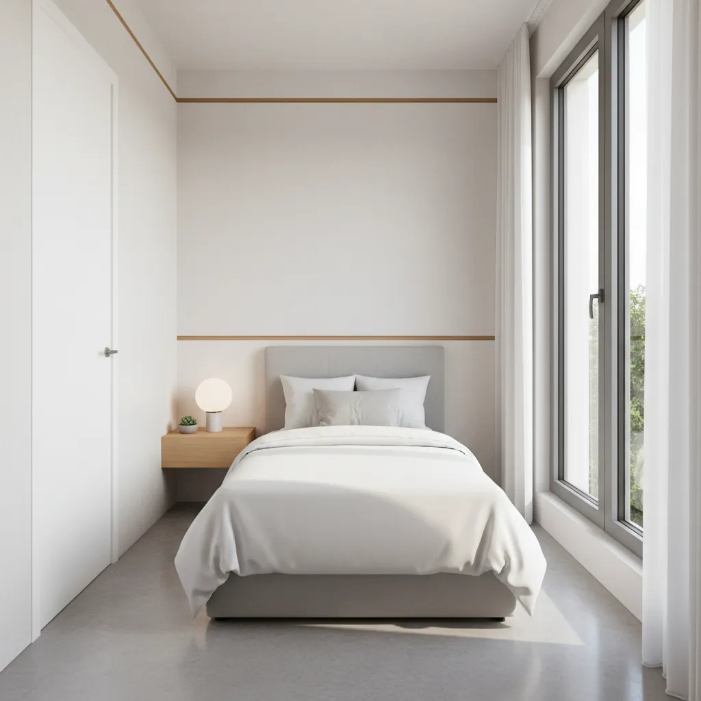 Optimized small bedroom layout with clear walking path and bed against wall