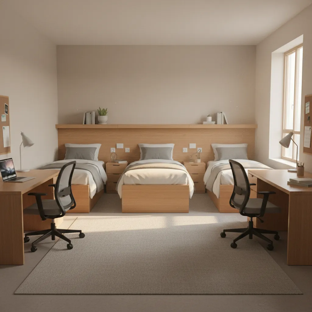 Optimized small dorm room layout with corner desks and open floor space