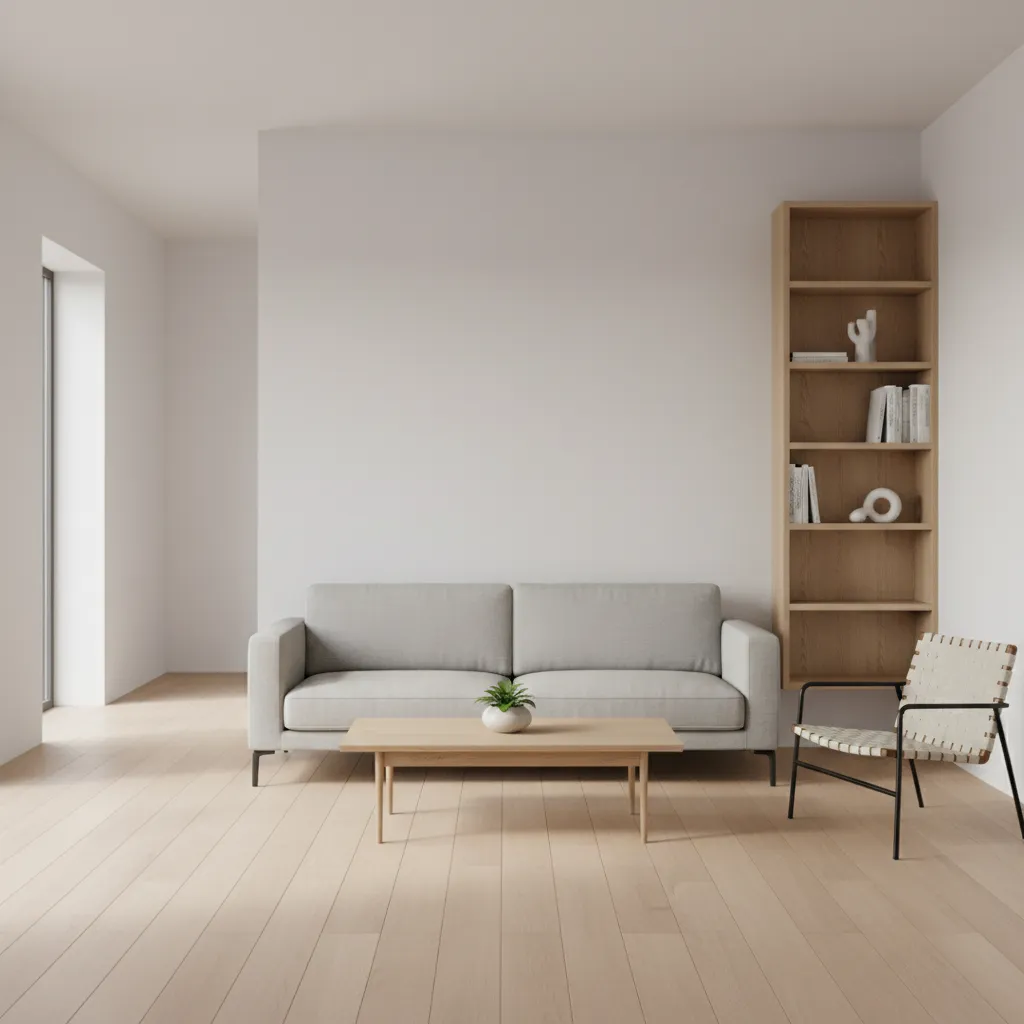 Efficient small room layout with sofa against wall and open walking path