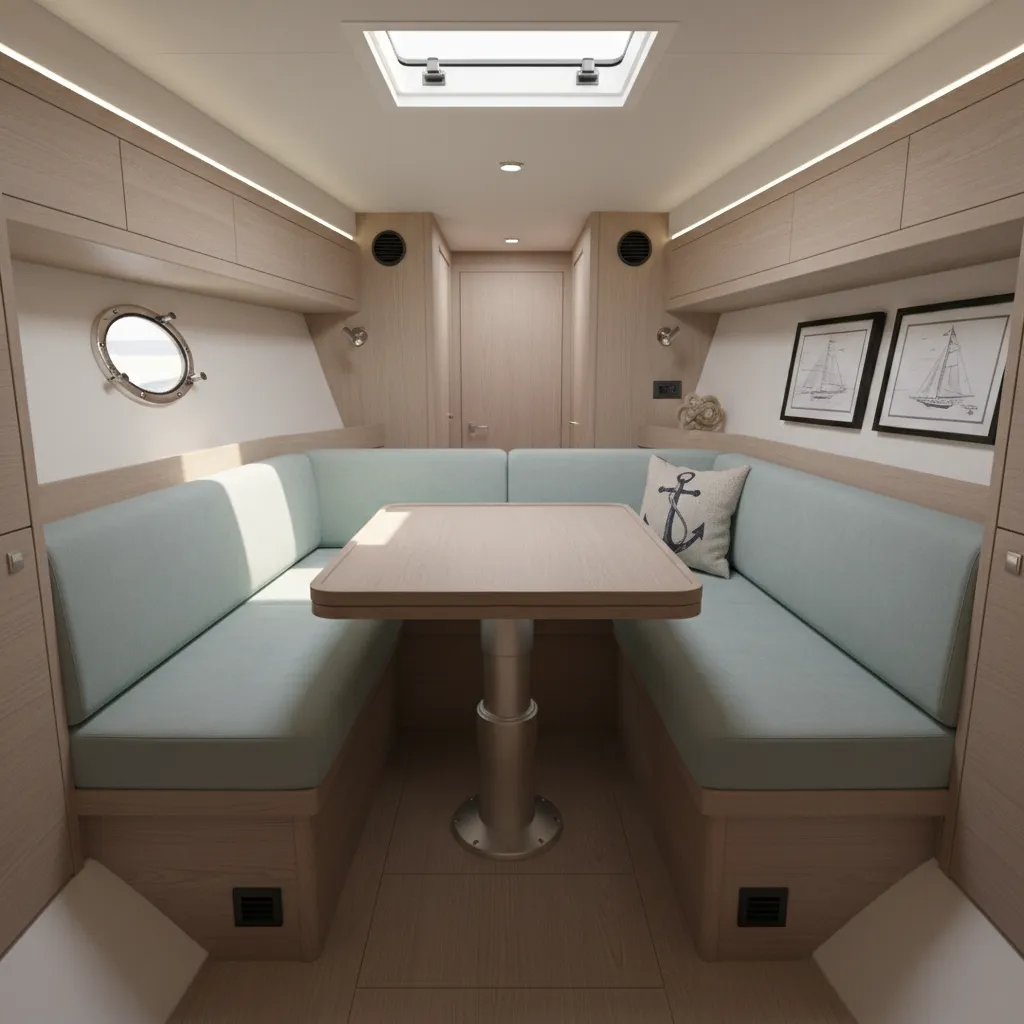 Fully optimized small yacht cabin interior with minimalist decor and multifunctional furniture