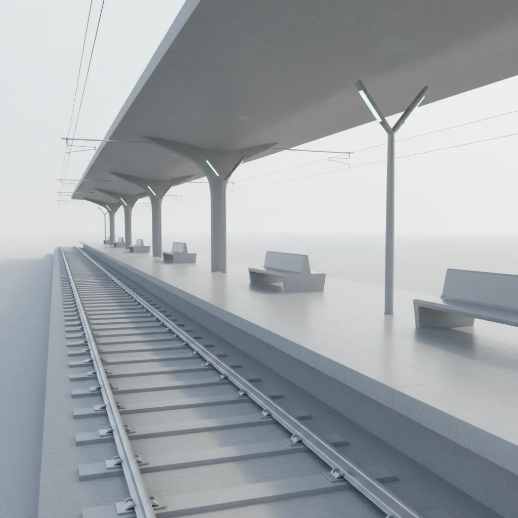 Simplified railway platform 3D model showing optimized seating and rail geometry