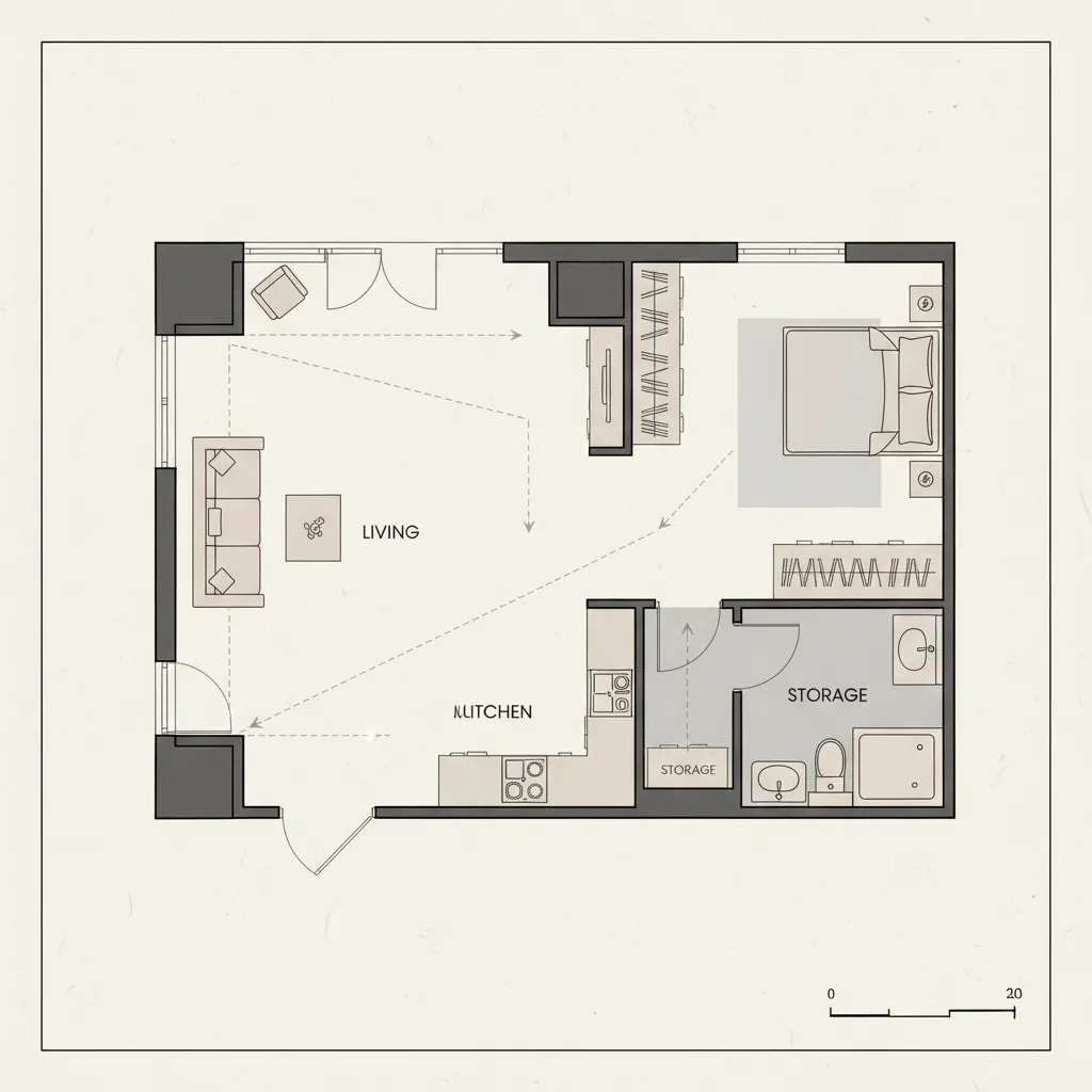 optimized studio apartment floor plan showing circulation and storage zones
