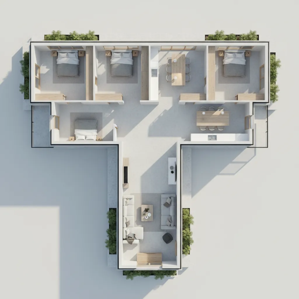 Improved T shaped house layout showing balanced room zoning across three wings
