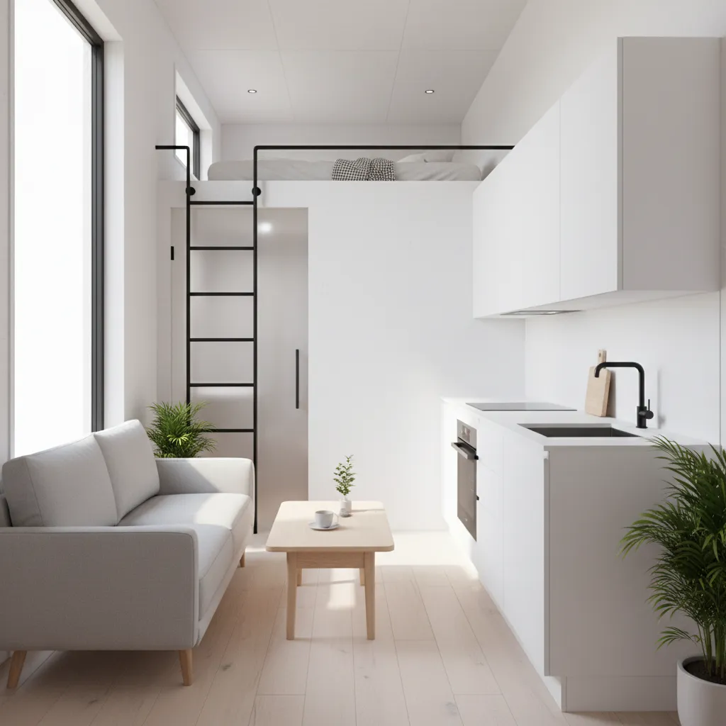 optimized tiny house interior layout with open flow and compact furniture