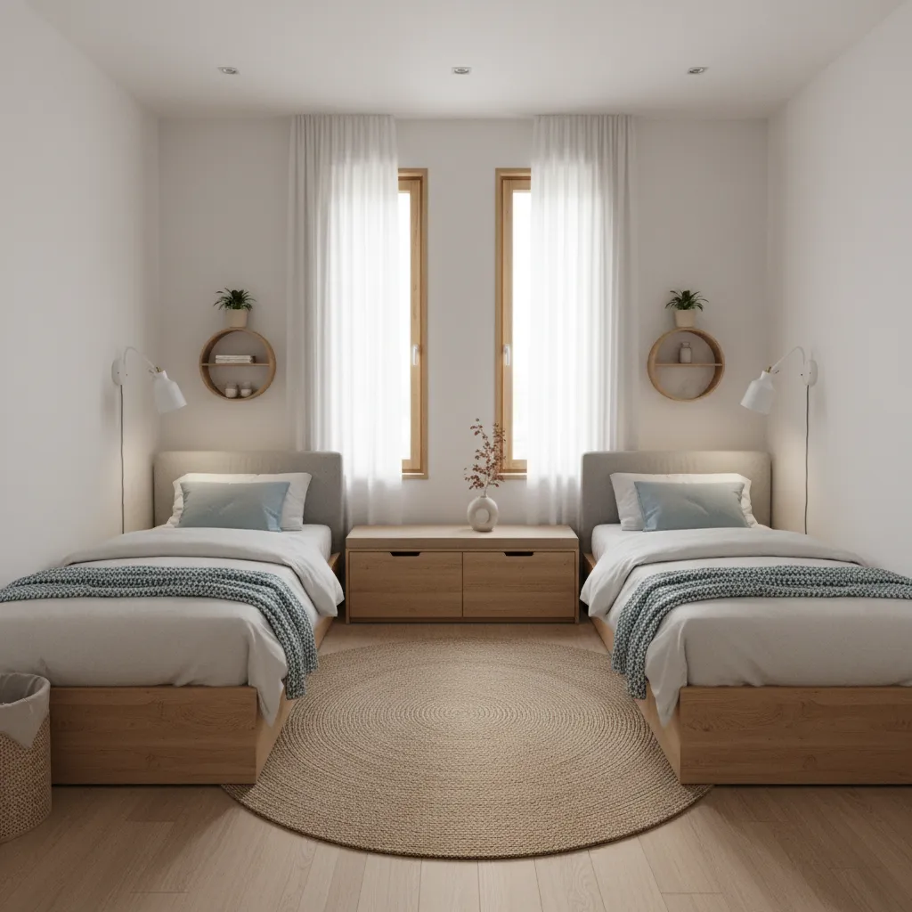 Optimized twin bed layout creating open space in a small shared bedroom