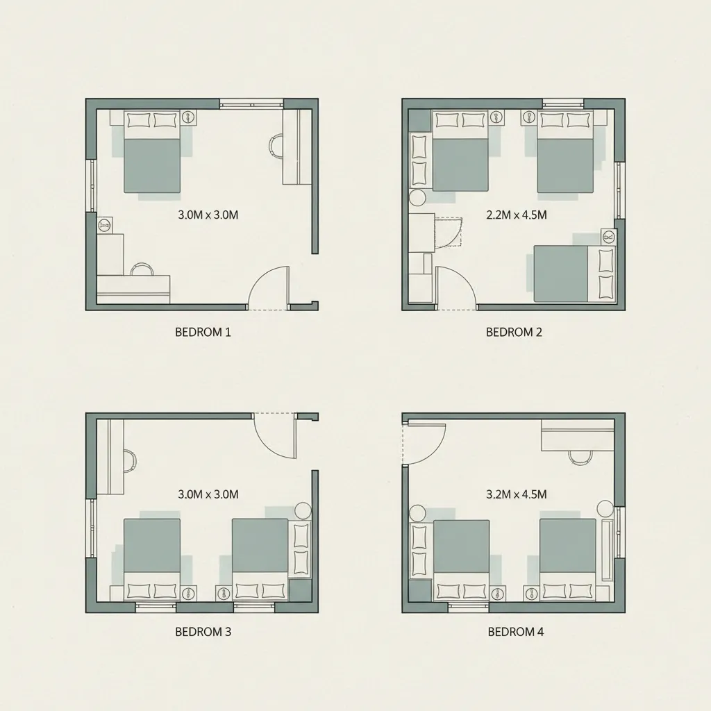 Optimized floor plan showing different two bed layouts for small bedrooms